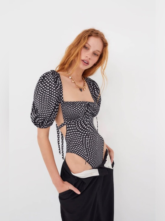 For Love And Lemons Tops - For Love & Lemons Dany Bodysuit Puff Sleeve Polka Dot Open Back Thong New Tags M